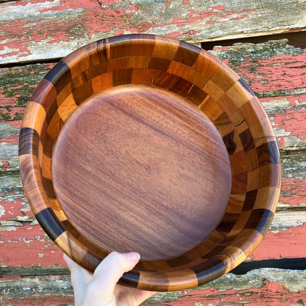Vintage MCM Checkerboard Multicolor Wooden Serving Bowl Set 1960s Bohemian Salad - Picture 16 of 16